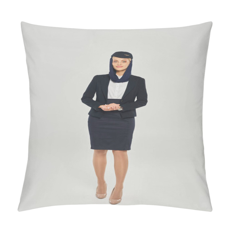 Personality  Full Length Of Young Woman In Elegant Uniform Of Arabian Airlines Stewardess On Grey Backdrop Pillow Covers