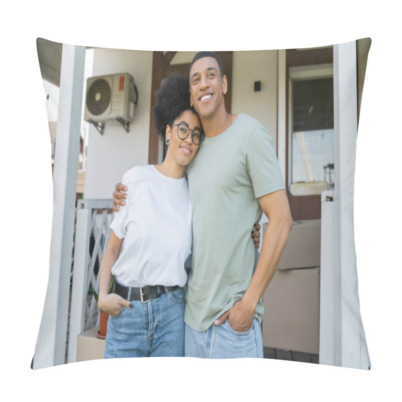 Personality  Positive African American Couple Hugging And Posing Near Blurred New House On Background Pillow Covers