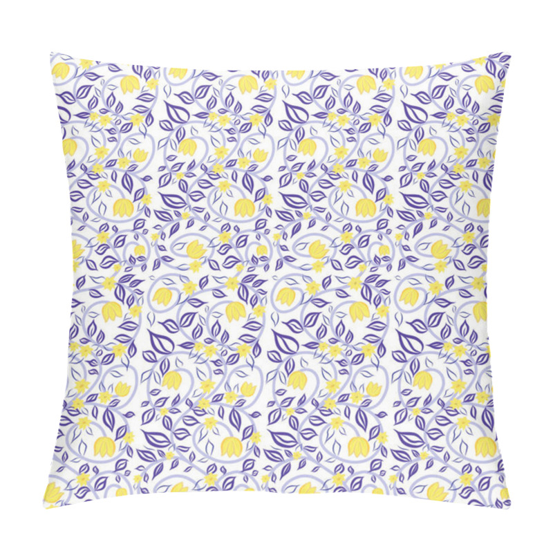 Personality  A Vibrant Design Showcases Stylized Yellow Flowers And Swirling Blue Leaves Against A Clean White Background, Ideal For Various Fabric And Wallpaper Applications. Pillow Covers