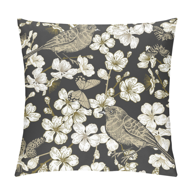 Personality  Japanese Cherry, Bird And Butterflies. Seamless Pattern. Pillow Covers