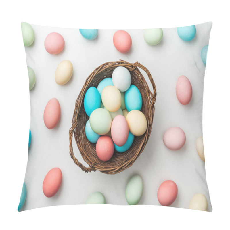 Personality  Top View Of Scattered Pastel Easter Eggs And Wicker Basket On White  Pillow Covers