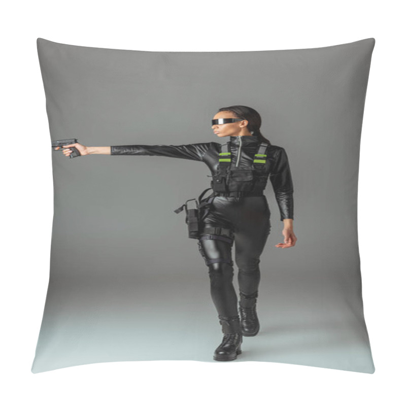 Personality  Attractive Futuristic African American Woman In Glasses Aiming Gun On Grey Pillow Covers