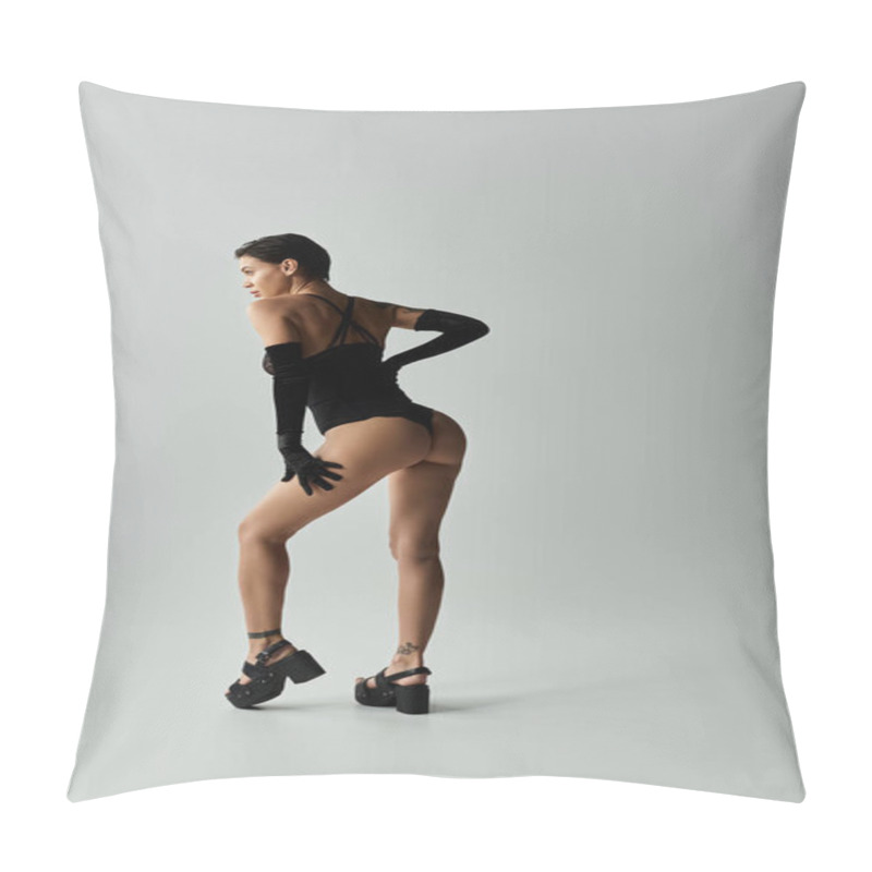 Personality  A Young Woman In Black Lingerie Poses For The Camera. Pillow Covers