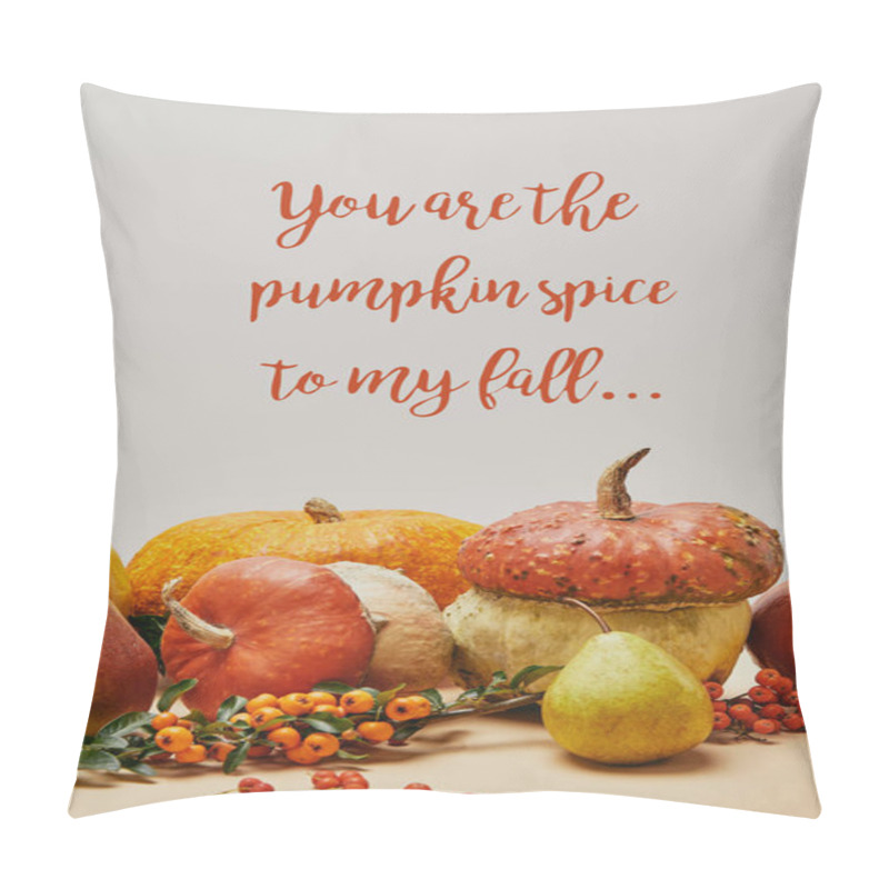 Personality  Autumnal Decoration With Pumpkins, Firethorn Berries And Ripe Yummy Pears On Tabletop With YOU ARE PUMPKIN SPICE TO MY FALL Lettering Pillow Covers