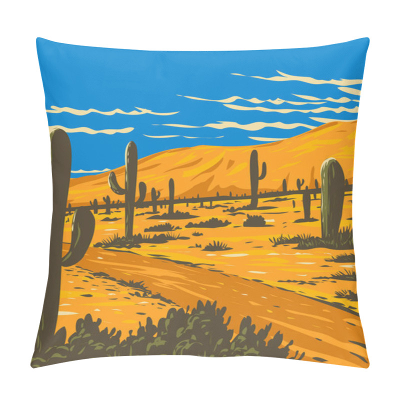 Personality  WPA Poster Art Of Picacho Peak State Park With Saguaro Cactus Surrounding Picacho Peak In Picacho, Arizona, United States Of America USA Done In Works Project Administration Style. Pillow Covers