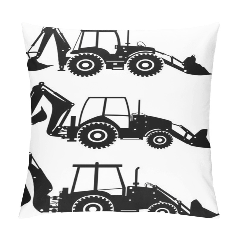 Personality  Set Of Different Silhouettes Backhoe Loaders Isolated On White Background. Heavy Construction And Mining Machines. Vector Illustration. Pillow Covers