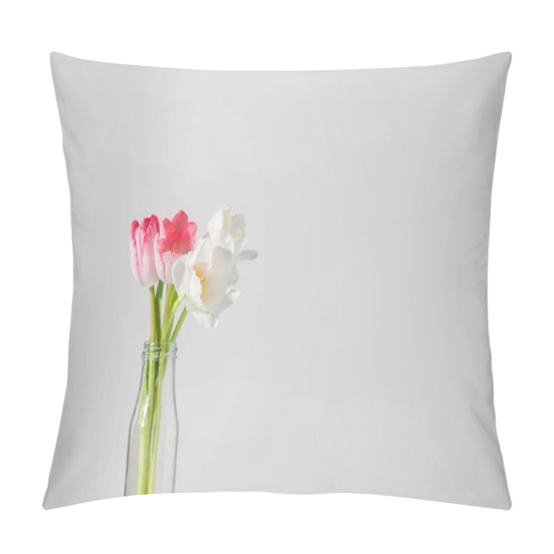 Personality  Close-up View Of Beautiful Tulip Flowers In Glass Bottle Isolated On Grey Pillow Covers