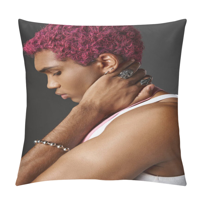 Personality  Portrait Of Handsome Pink Haired Man Posing In Profile Wearing Accessories, Fashion And Style Pillow Covers