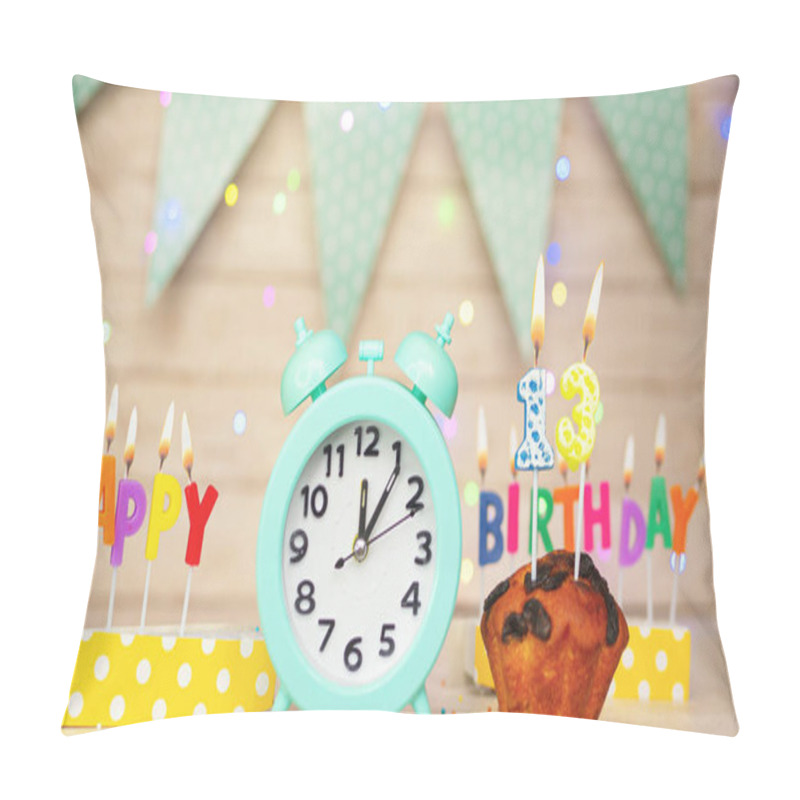 Personality  Happy Birthday Greeting Card With Muffin Pie And Retro Clock On Clock Hands New Birth. Beautiful Background With Decorations Festive Happy Birthday Decoration With Number 13 Pillow Covers