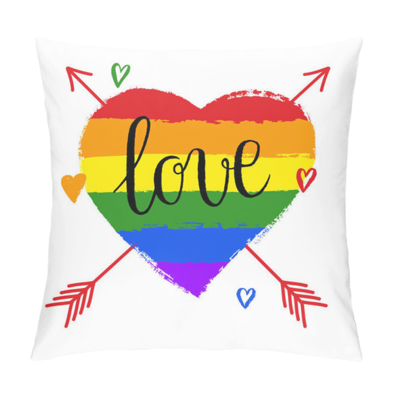 Personality  LGBT, Gay And Lesbian Pride Greeting Card, Poster With Spectrum Hand Drawn Rainbow Heart And Arrow On Valentine's Day. Vector Design Elements With Hand Lettering Isolated On White Background. Pillow Covers