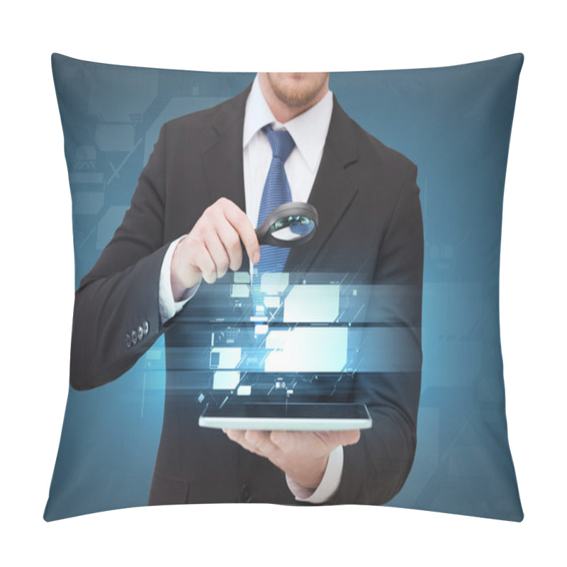 Personality  Businessman Hand Holding Magnifier Over Tablet Pc Pillow Covers