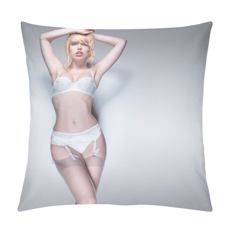 Personality  Portrait Of Blond Woman Wearing White Lingerie Pillow Covers