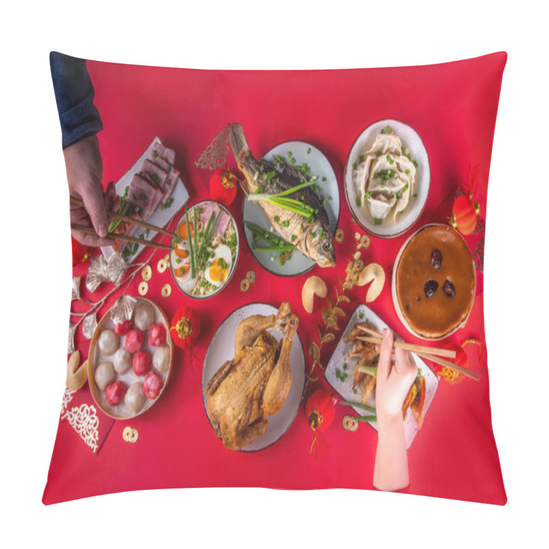 Personality  Traditional Chinese Lunar New Year Dinner Table, Party Invitation, Menu Background With Pork, Fried Fish, Chicken, Rice Balls, Dumplings, Fortune Cookie, Nian Gao Cake, Noodles, Chinese Decorations Pillow Covers