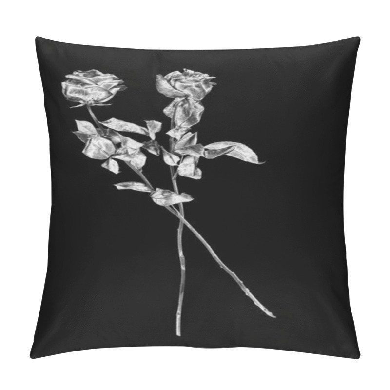 Personality  Two Silver Rose Flowers Black Background Isolated Close Up, Black And White Long Stem Roses Bouquet, Beautiful Shiny Gray Metal Flower And Leaves, Decorative Floral Design Element, Vintage Decoration Pillow Covers