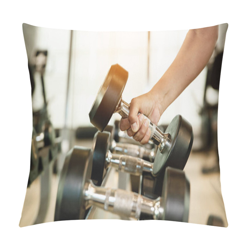 Personality  Close Up Hand Holding Dumbbell On Floor In Gym With Woman Background. Object Goal Weightlifting Bodybuilding.  Pillow Covers