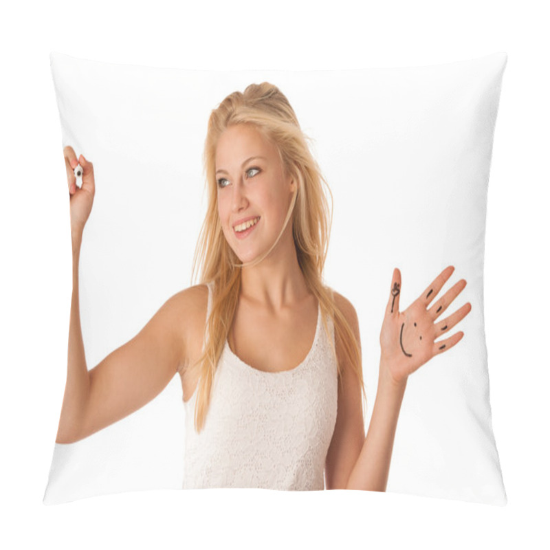 Personality  Young Blonde Business Woman With Blue Eyes, Writes On A Glass Ta Pillow Covers