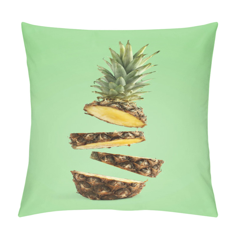 Personality  Pineapple Sliced, Levitates In The Air. Concept Of Summer Mood On A Green Background. Pillow Covers