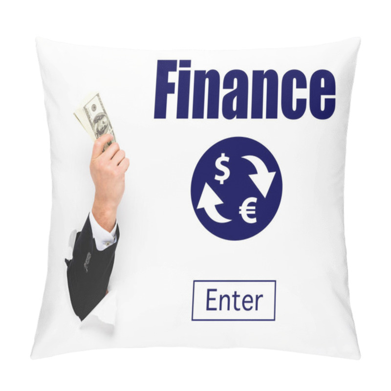 Personality  Cropped View Of Man Holding Money Through Hole In White Paper Wall On White With Online Currency Exchange Illustration Pillow Covers