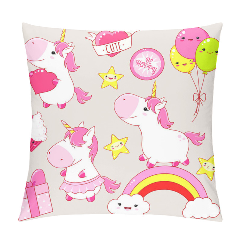 Personality  Set Of Cute Unicorns In Kawaii Style. Unicorn On Rainbow, With Heart, Cupcake, Three Balloon, Star, Sticker With Inscription Be Happy. EPS8 Pillow Covers