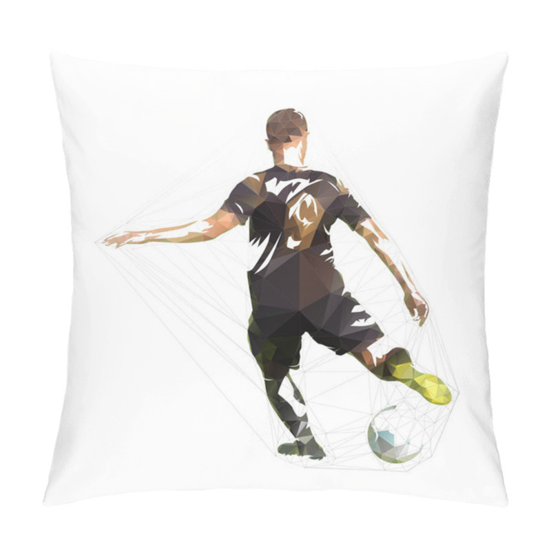 Personality  Football Player In Black Jersey Kicking Ball, Abstract Low Poly Vector Drawing. Soccer, Isolated Geometric Colorful Illustration Pillow Covers