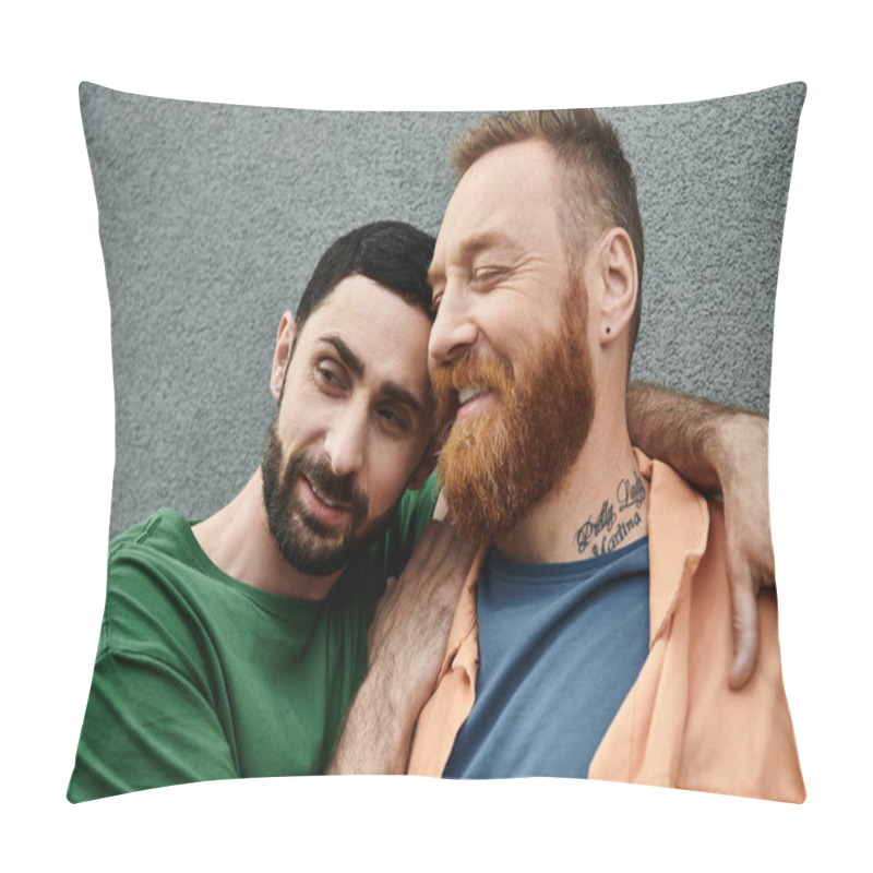 Personality  Two Men In Casual Attire, A Gay Couple, Stand Lovingly Together Against A Grey Wall. Pillow Covers