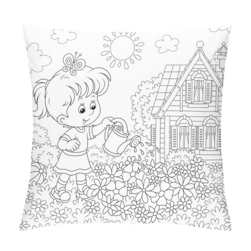 Personality  Smiling Little Girl Watering Flowers On A Flowerbed On A Lawn In Front Of Her House On A Sunny Summer Day, Black And White Vector Illustration In A Cartoon Style Pillow Covers