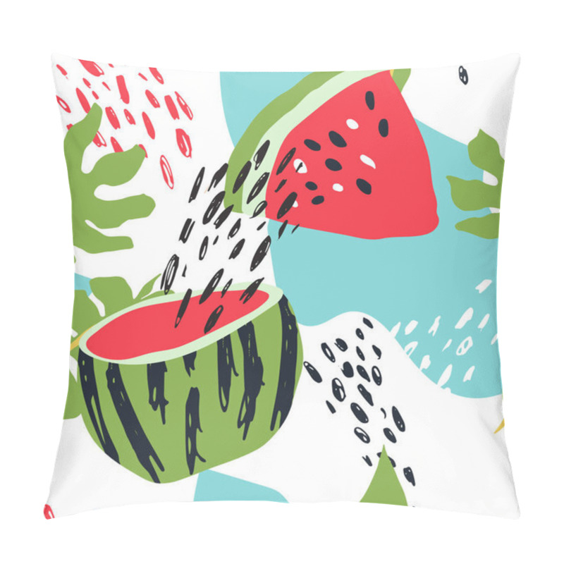 Personality  Minimal Summer Trendy Vector Tile Seamless Pattern In Scandinavian Style. Watermelon, Palm Leafs, Abstract Elements. Textile Fabric Swimwear Graphic Design For Pring. Pillow Covers