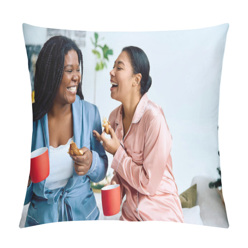 Personality  Two Women Laugh And Enjoy Their Cozy Morning Together, Sharing Coffee And Pastries. Pillow Covers