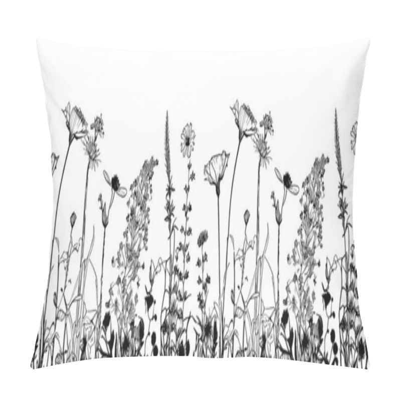 Personality  Wildflowers Seamless Border Sketch Hand Drawn In Doodle Style Illustration Pillow Covers