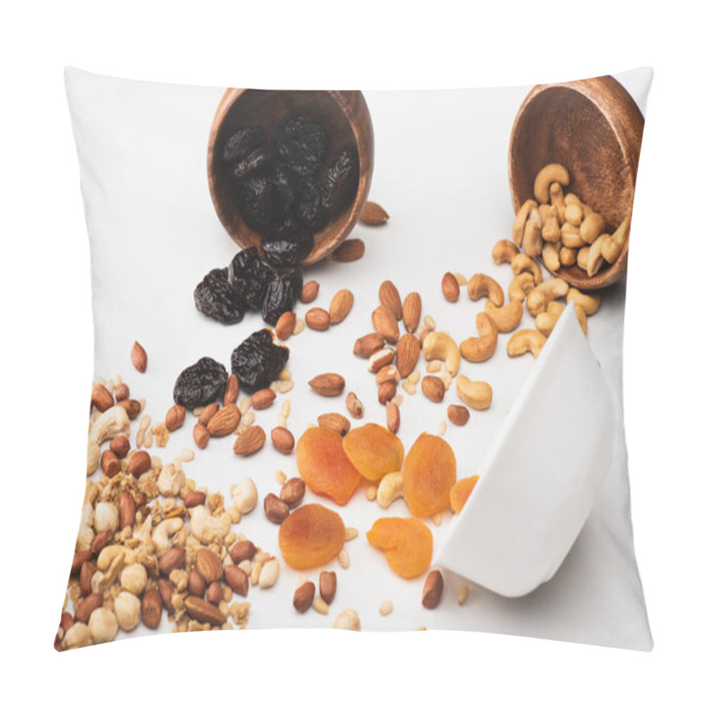 Personality  Delicious Granola With Nuts And Dried Fruits Scattered From Bowls On White Pillow Covers