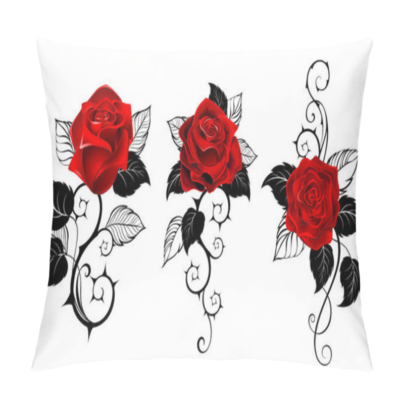 Personality  Three Artistically Painted Red Roses With Black Spiny Stems And Black Leaves On White Background. Tattoo Style. Pillow Covers