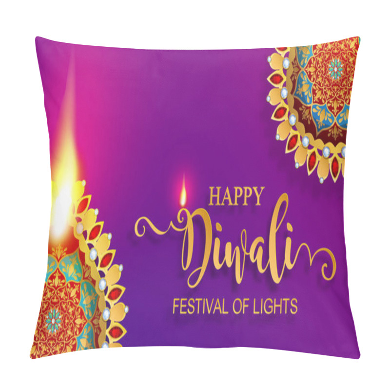 Personality  Happy Diwali Festival Card With Gold Diya Patterned And Crystals On Paper Color Background. Pillow Covers