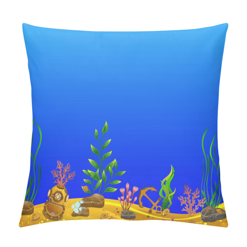 Personality  Underwater World. Background Image For Text. Sea Bottom, Plants, Anchor, Underwater Helmet. Pillow Covers