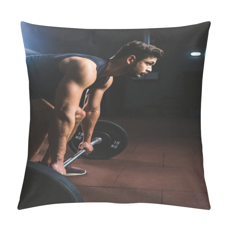 Personality  Side View Of Young Athlete Preparing To Raise Barbell In Sports Hall Pillow Covers