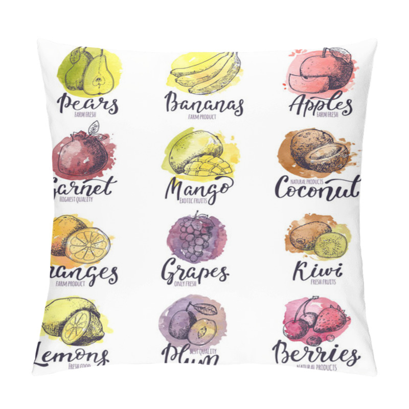 Personality  Fruits Vector Fruity Apple Banana And Exotic Mango With Fresh Slices And Watercolor Logo Of Tropical Fruit With Lettering Sign Illustration Fruitful Set Isolated On White Background Pillow Covers