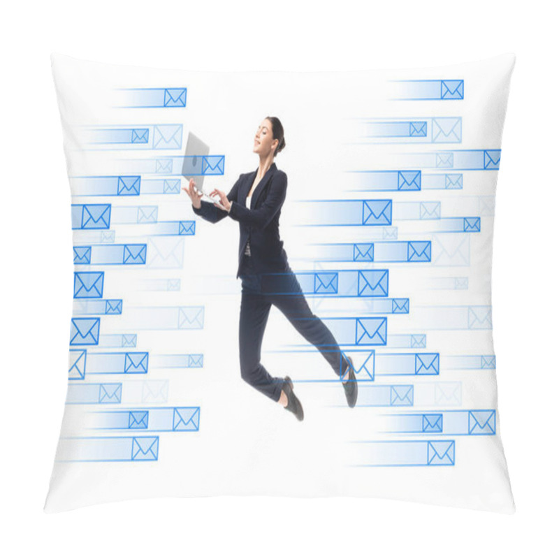 Personality  Young Businesswoman Using Laptop While Levitating Near E-mail Icons Isolated On White Pillow Covers