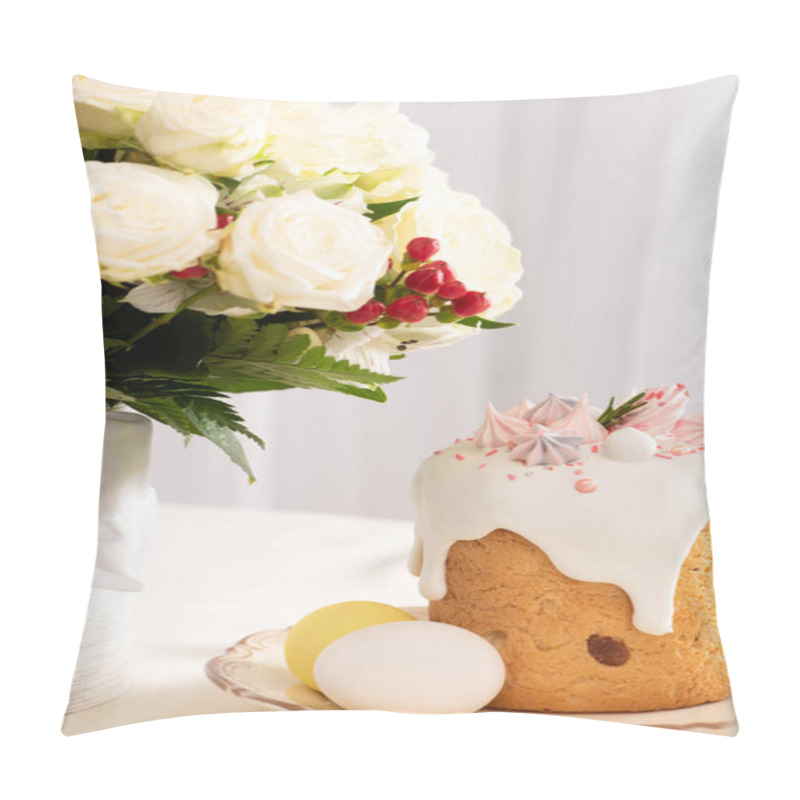 Personality  Festive Easter Cake Decorated With Meringue Near Painted Eggs On Plate And Vase Of Flowers Pillow Covers