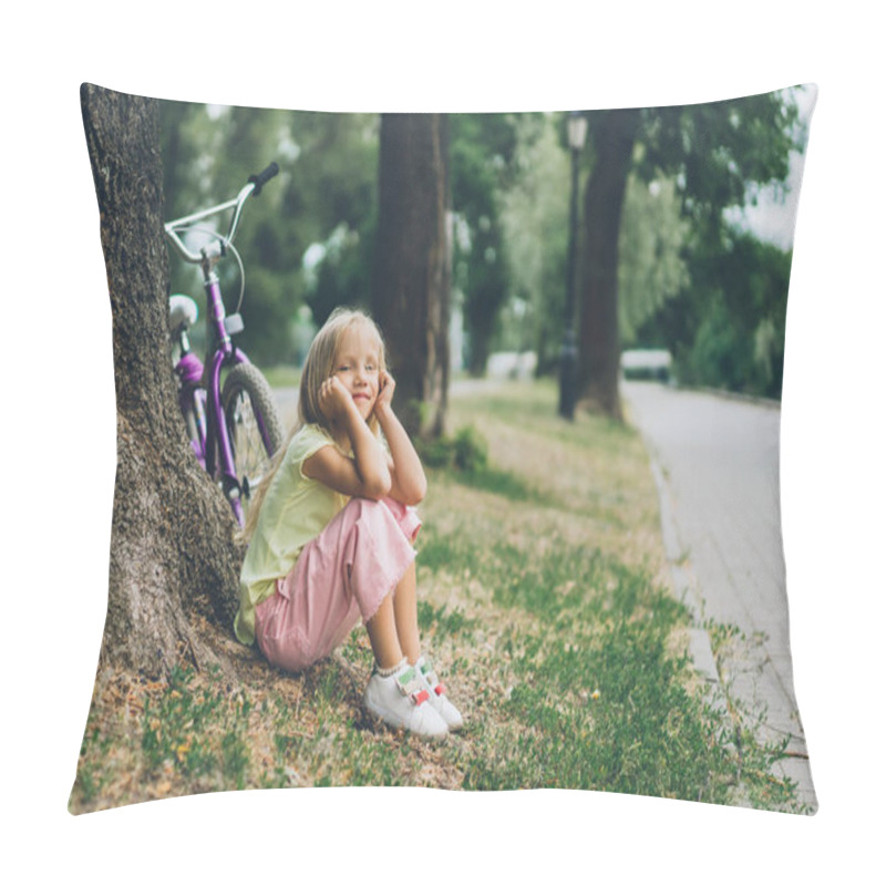 Personality  Side View Of Pensive Kid Resting Near Bicycle Under Tree In Park Pillow Covers