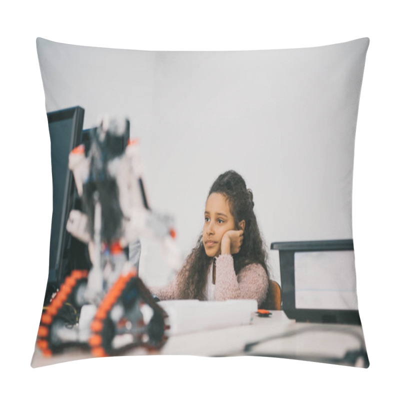 Personality  Bored African American Schoolgirl Working With Computer At Machinery Class Pillow Covers