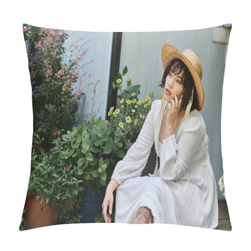 Personality  A Young Woman In A White Dress And Straw Hat Sits In A Lush Summer Garden, Lost In Thought. Pillow Covers