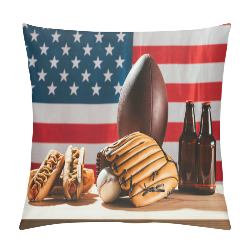 Personality  Beer Bottles With Hot Dogs And Sport Equipment With American Flag Behind   Pillow Covers