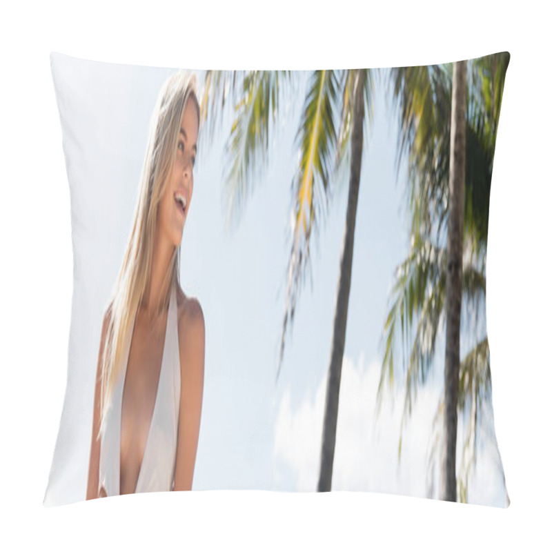 Personality  A Stunning Blonde Woman In A White Bikini Stands Gracefully Next To A Tall Palm Tree On A Sandy Miami Beach. Pillow Covers