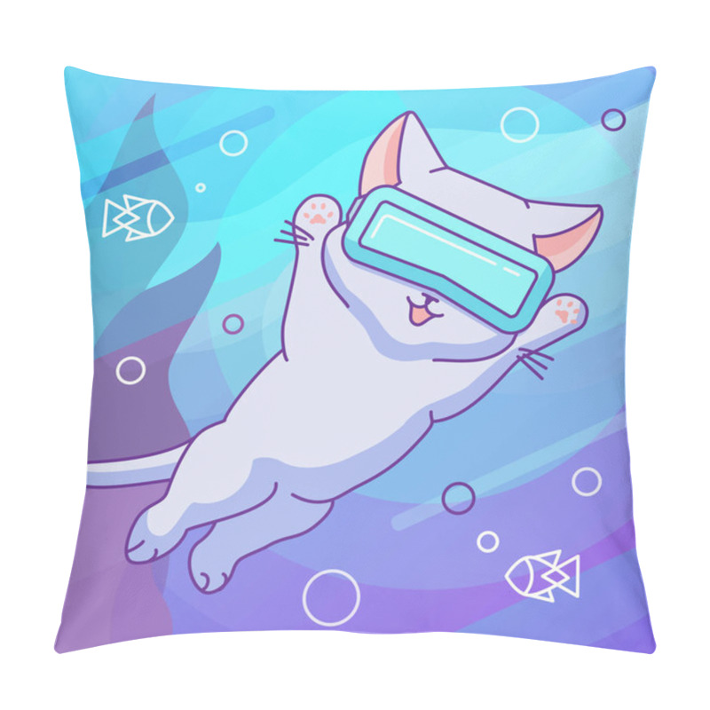 Personality  Funny Cat With VR Headset Swimming In Virtual Ocean. Vector Illustration, Cute Character In A Flat Linear Style. Vibrant Background. Design Concept For T-shirt, Notebook Cover Etc. Pillow Covers