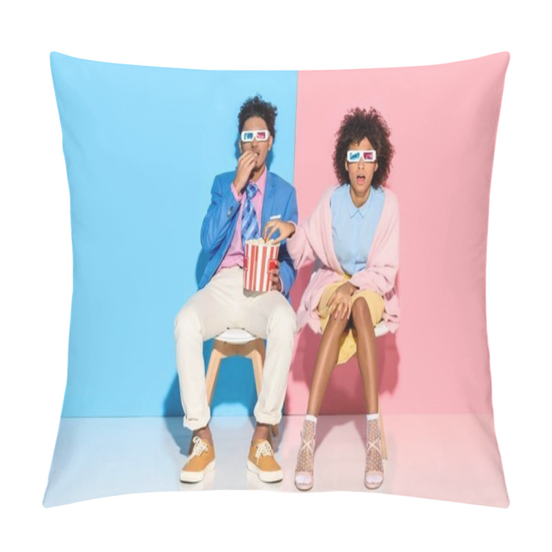 Personality  Young African American Couple Sitting On Chairs And Eating Popcorn Against Pink And Blue Wall Pillow Covers