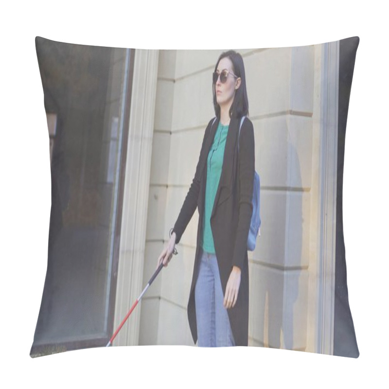 Personality  A Blind Woman Wearing Glasses With A Cane Walking In Front Of Shop Windows Pillow Covers