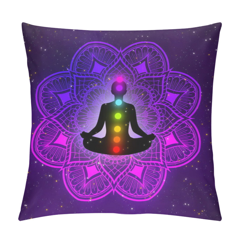 Personality  Silhouette Meditation Man With Mandala And Beautiful Galaxy Background. Pillow Covers