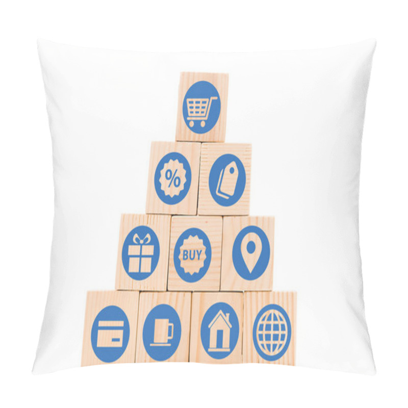 Personality  Pyramid Made Of Wooden Blocks With Blue Shopping Icons Isolated On White Pillow Covers