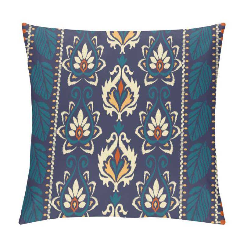 Personality  Ikat Floral Paisley Embroidery On Navy Blue Background.Ikat Ethnic Oriental Pattern Traditional.Aztec Style Abstract Vector Illustration.design For Texture,fabric,clothing,wrapping,decoration,carpet. Pillow Covers