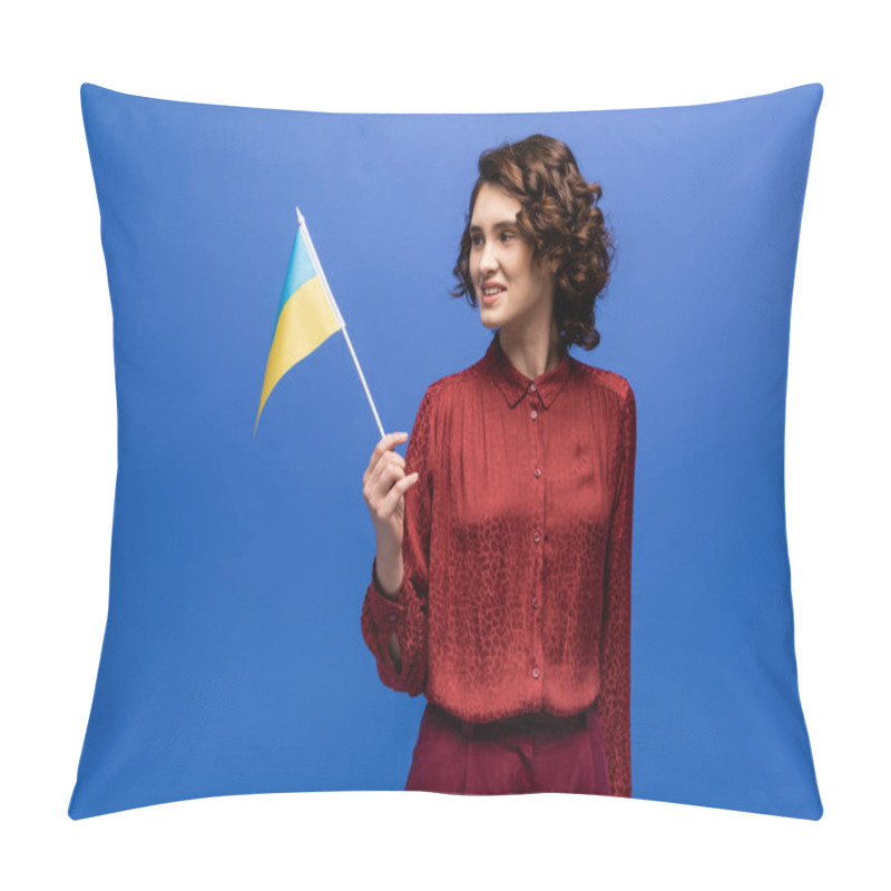 Personality  Cheerful Language Teacher Holding Flag Of Ukraine Isolated On Blue  Pillow Covers