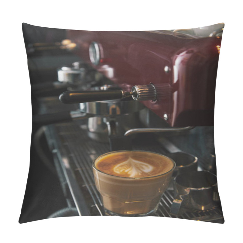 Personality  Close-up View Of Coffee Machine And Glass Cup With Cappuccino  Pillow Covers